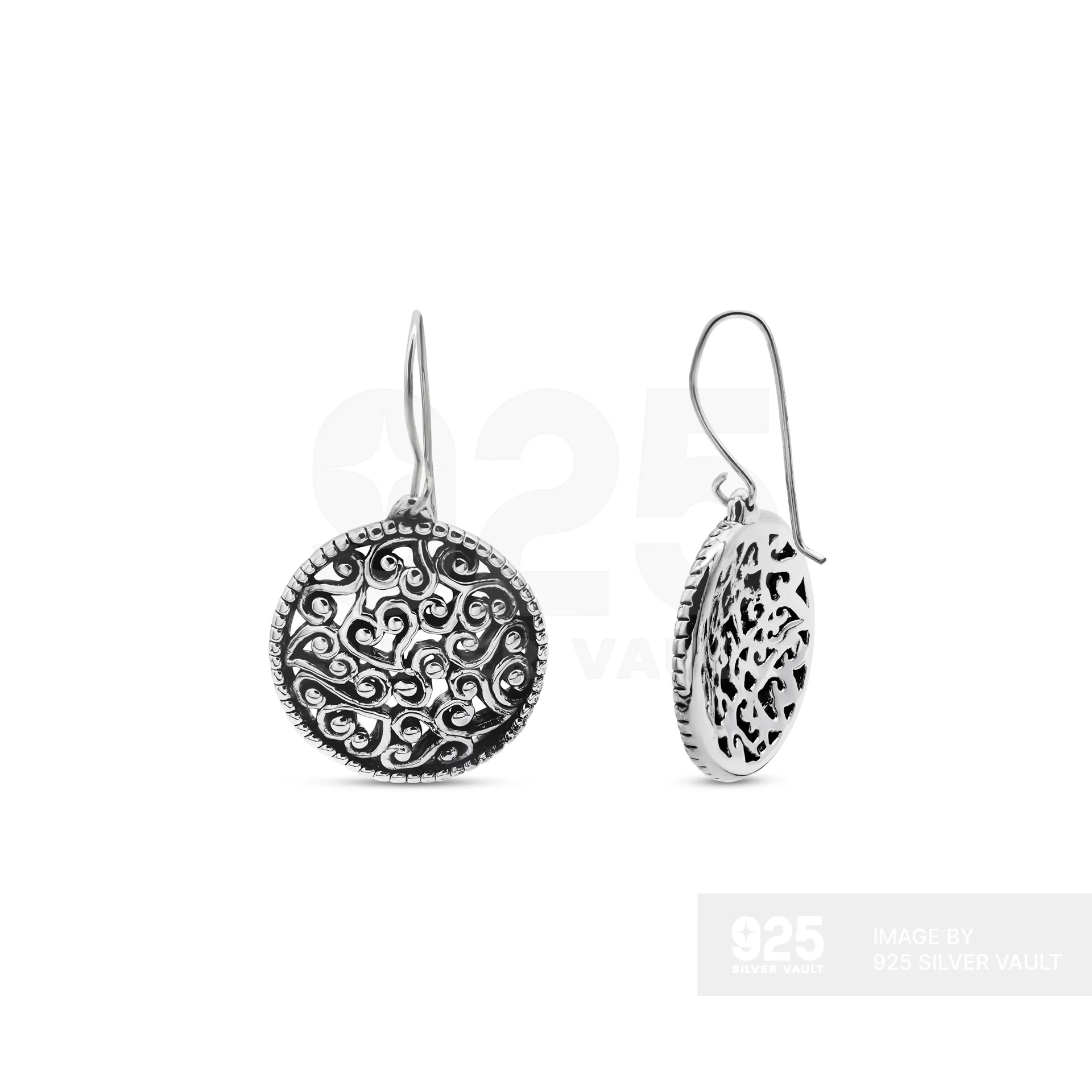 Filigree Scroll Round Drop Earrings with Beaded Edge