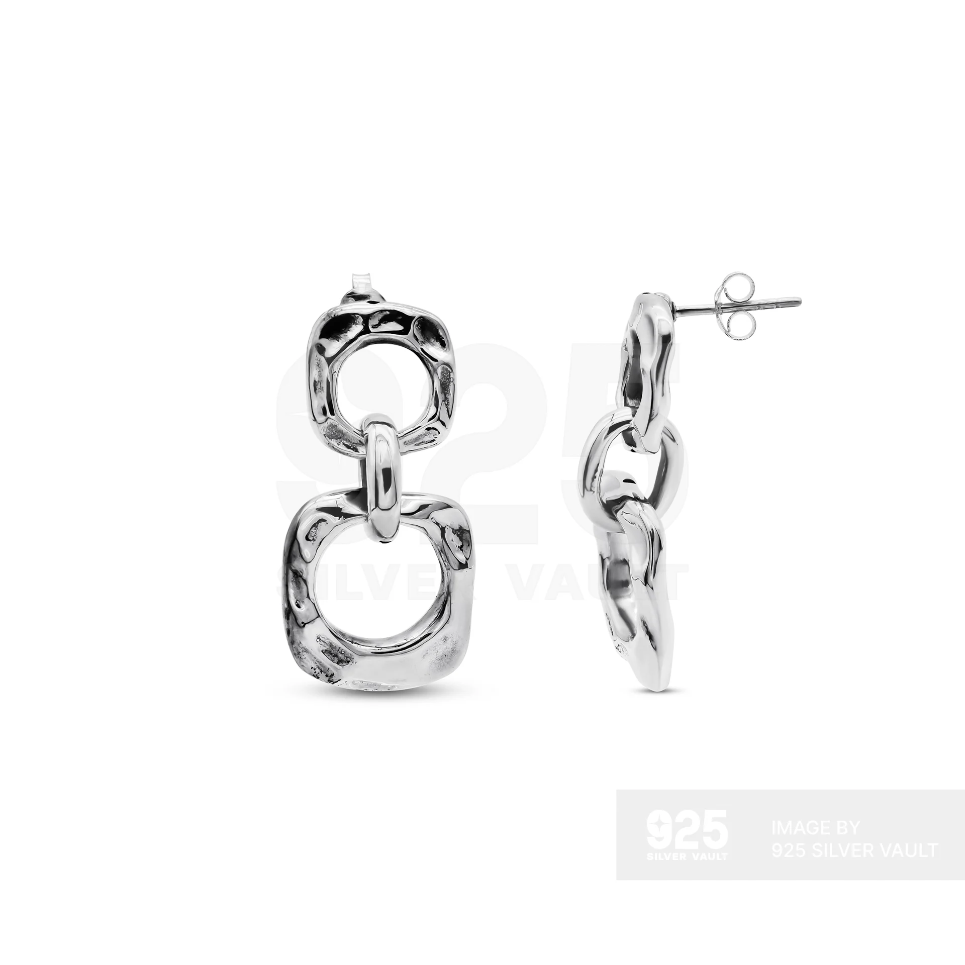 Pitted Double Rounded Square Link Stud Earrings