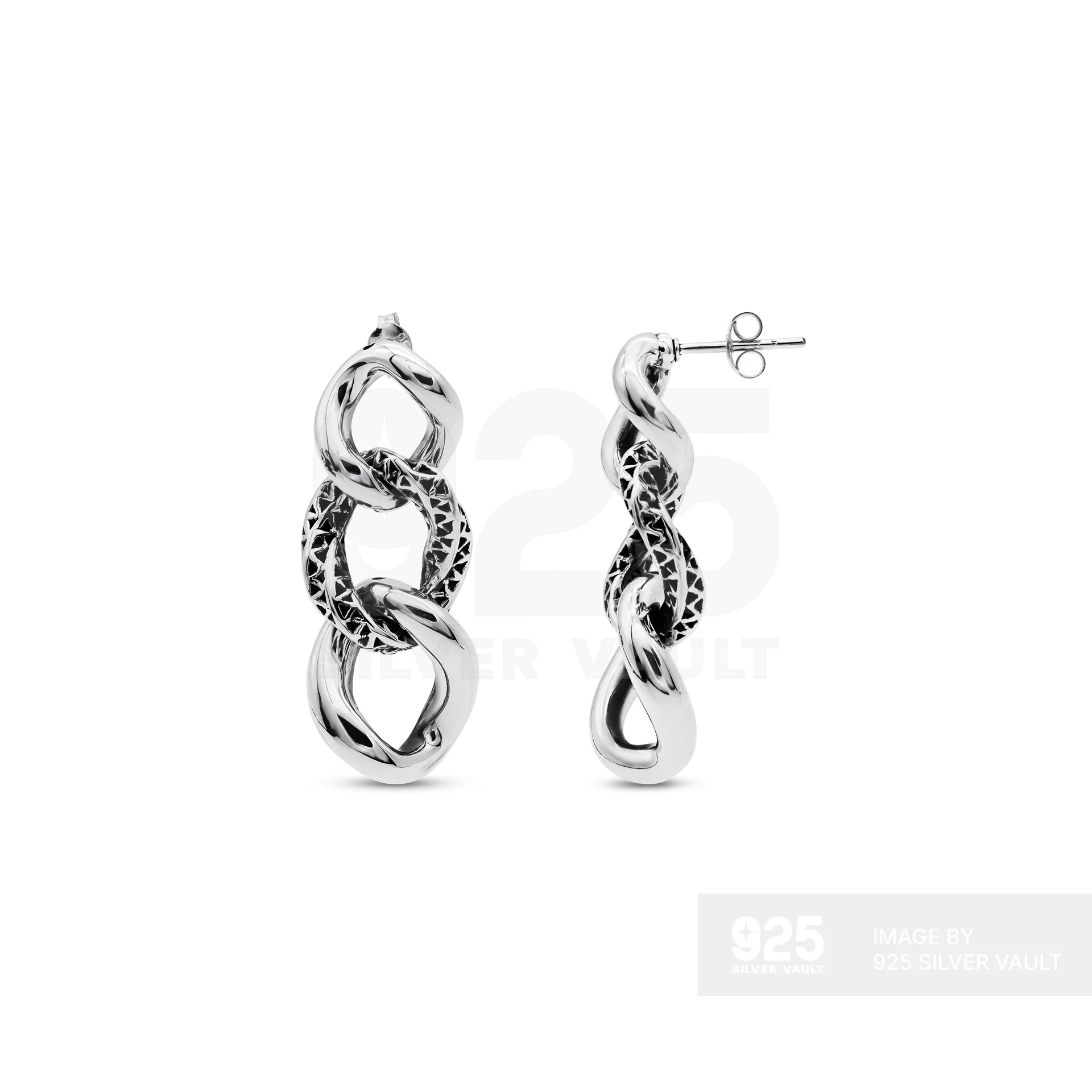 Plain and Filigree Triple Link Stud Earrings