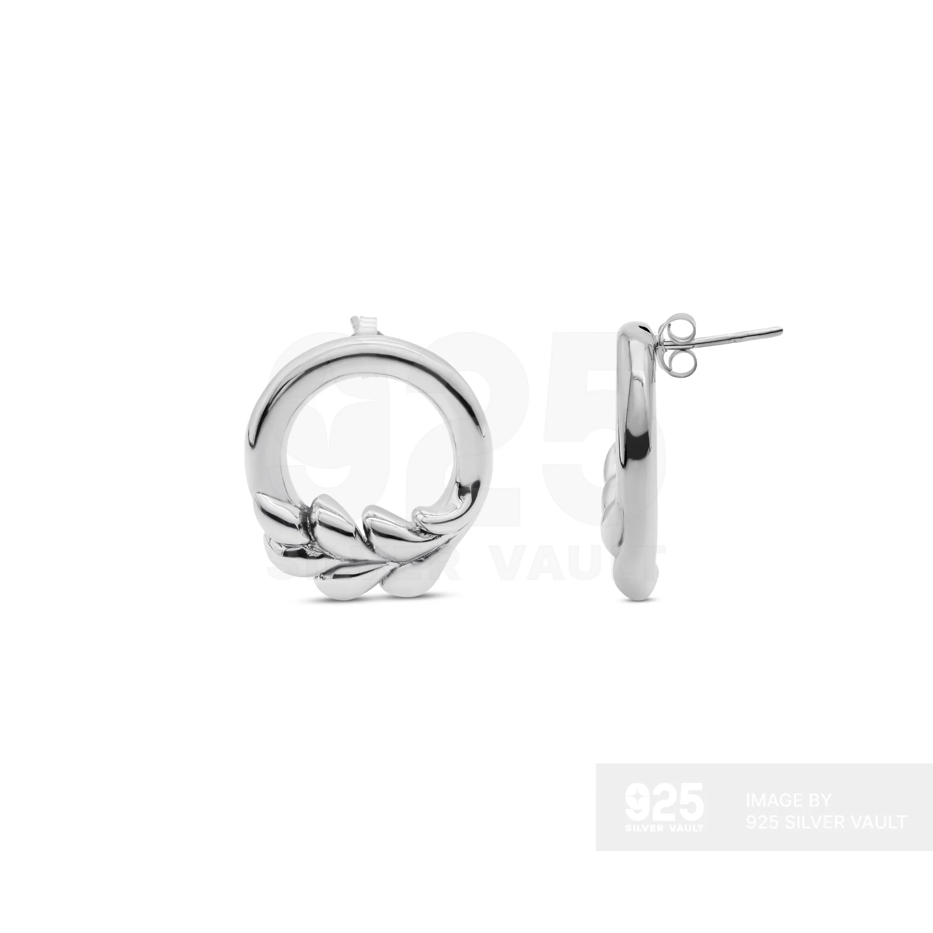 Plain Ring Stud Earrings with Leaf Accent