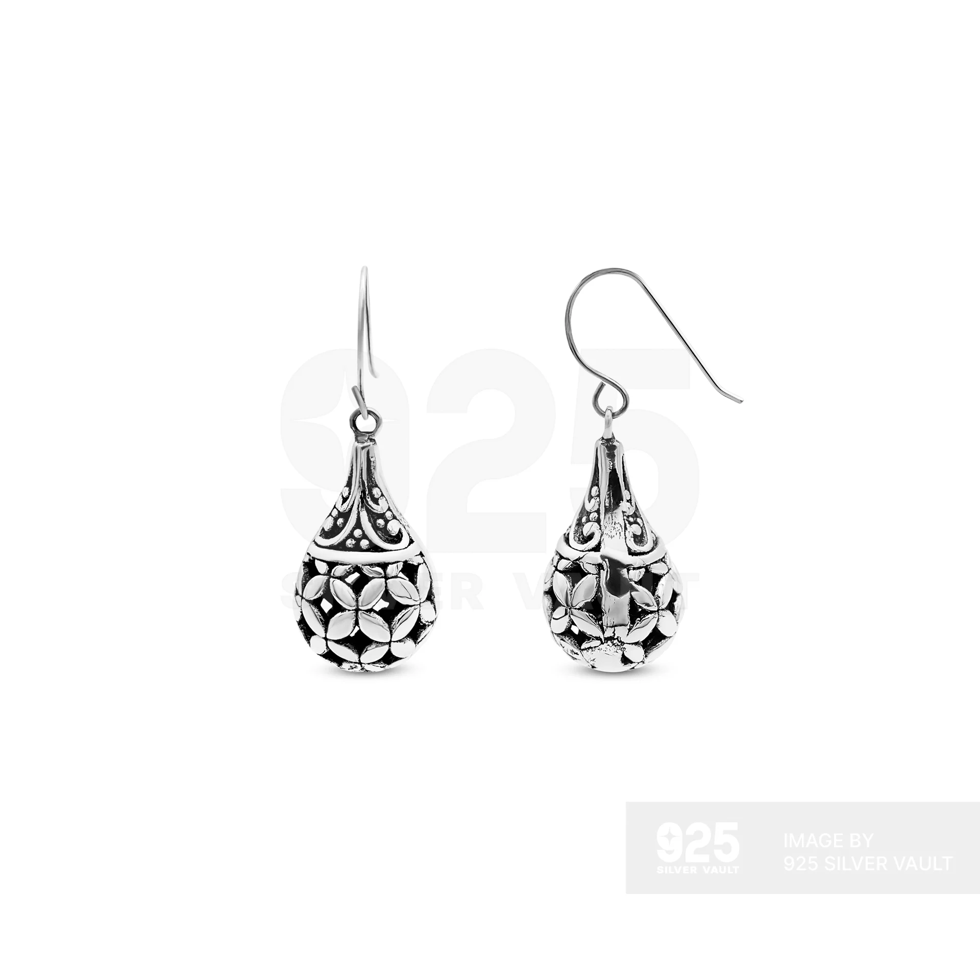 Floral Filigree Teardrop Drop Hook Earrings